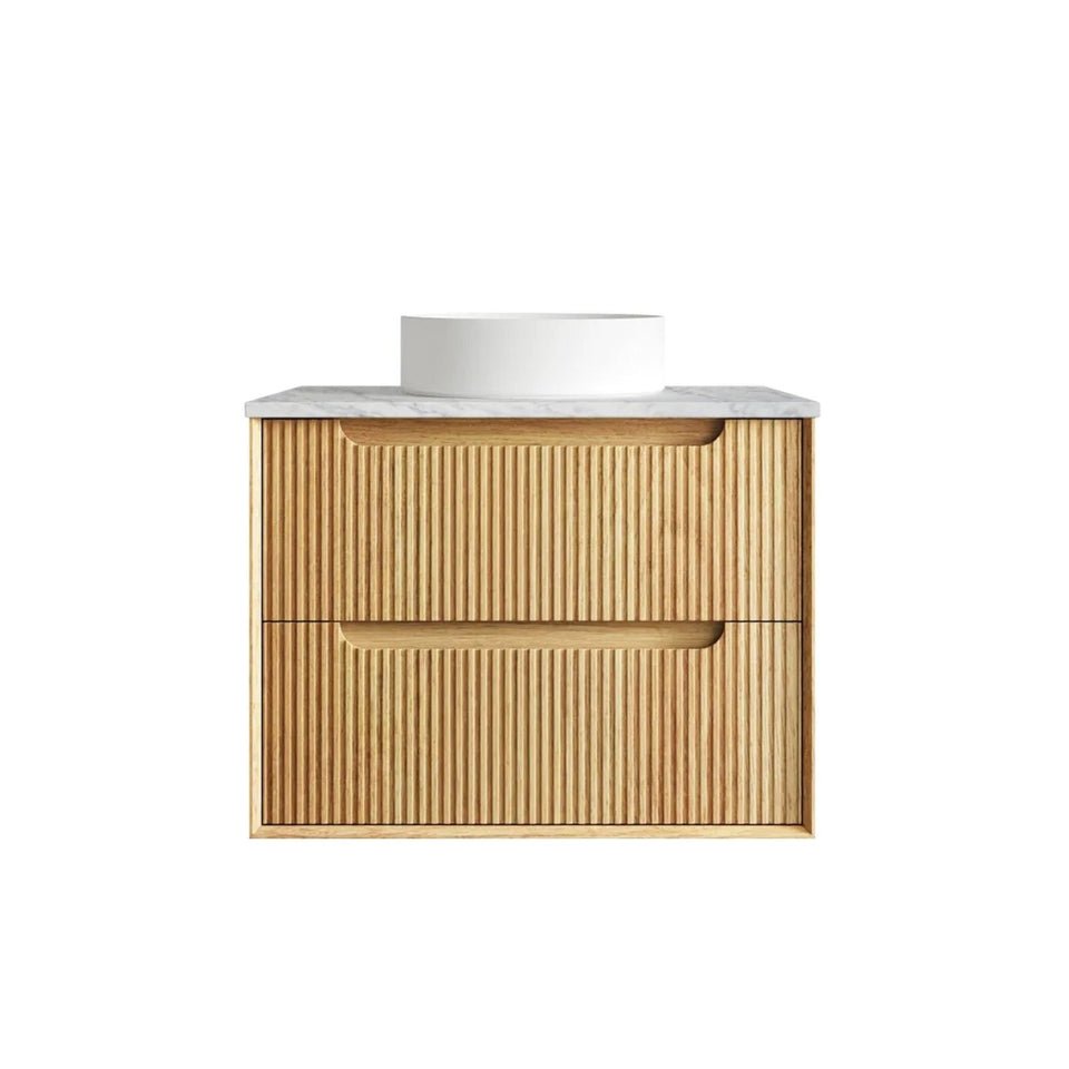 Otti Byron Fluted Woodland Oak Wall Hung Vanity with Natural Carrara Marble Top