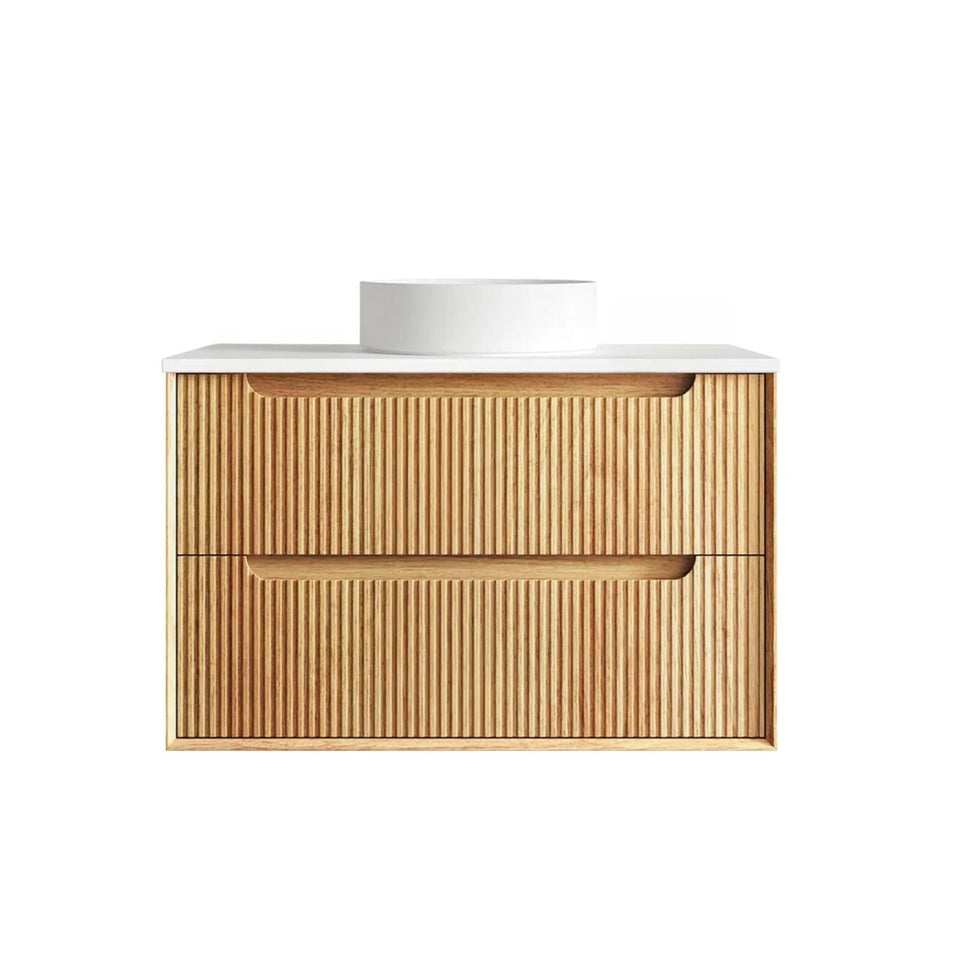 Otti Byron Fluted Woodland Oak Wall Hung Vanity with Pure White Top