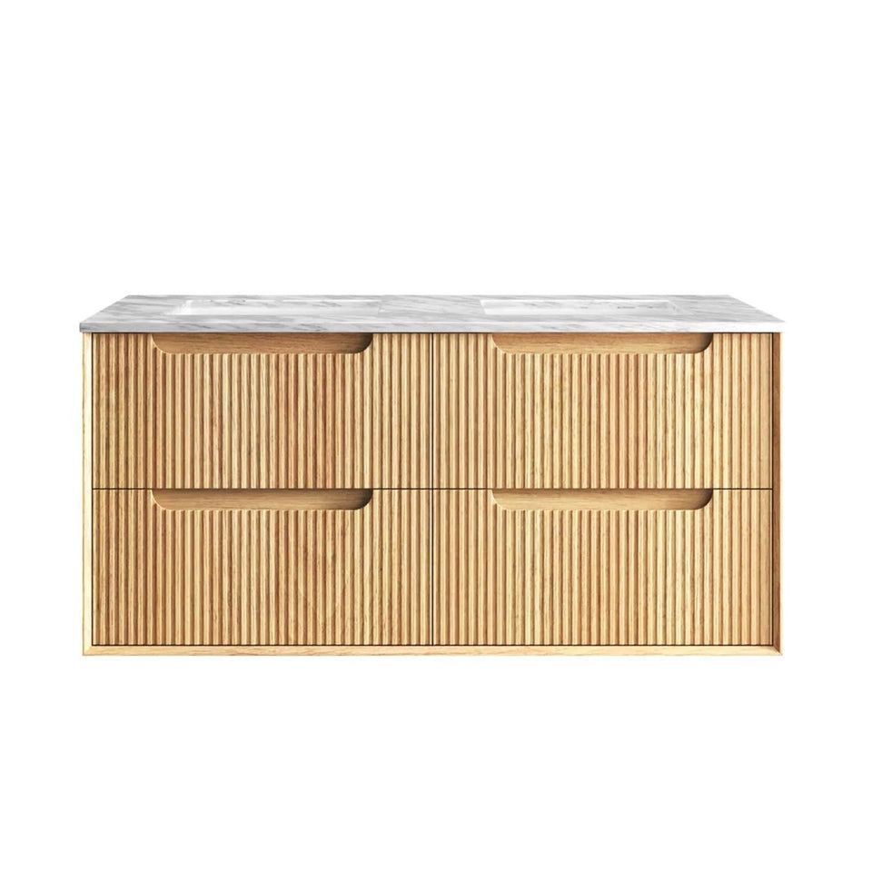 Otti Byron Fluted Woodland Oak Wall Hung Vanity with Undermount Natural Carrara Marble Top & Basin