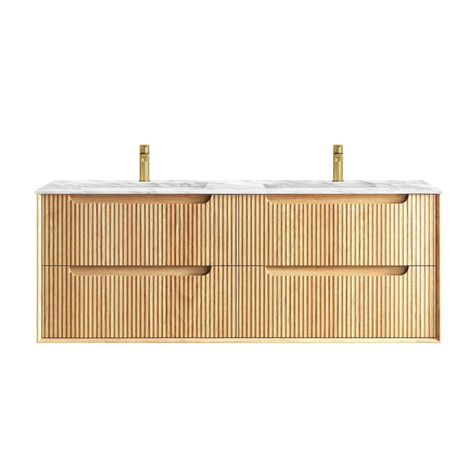 Otti Byron Fluted Woodland Oak Wall Hung Vanity with Undermount Natural Carrara Marble Top & Basin