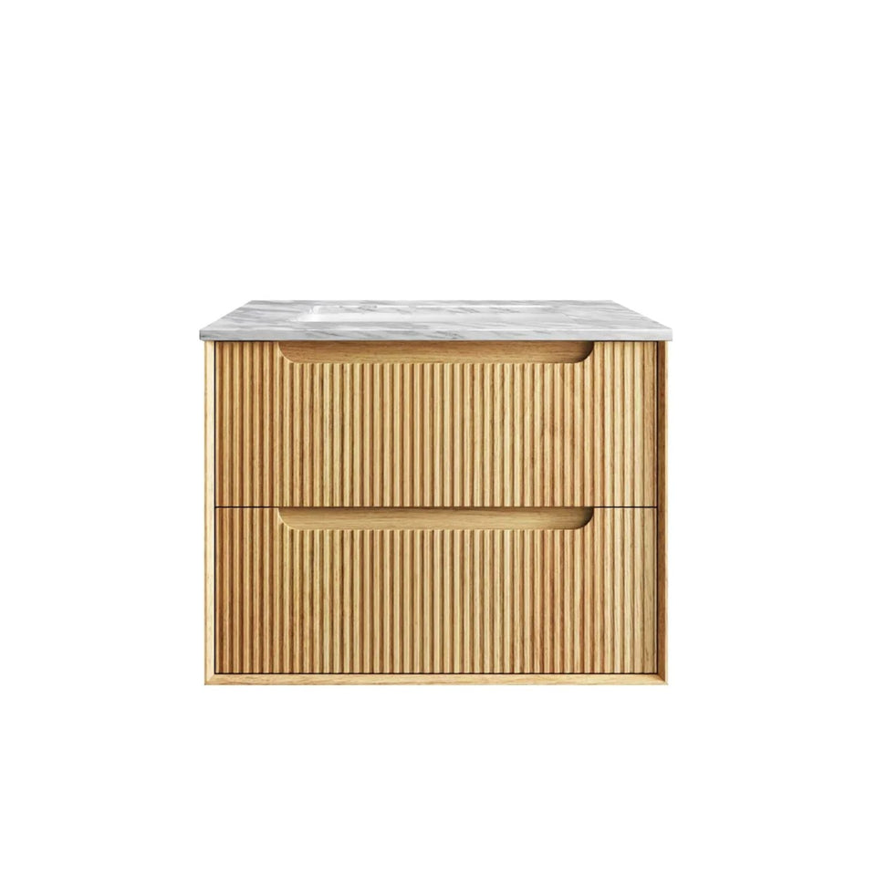 Otti Byron Fluted Woodland Oak Wall Hung Vanity with Undermount Natural Carrara Marble Top & Basin