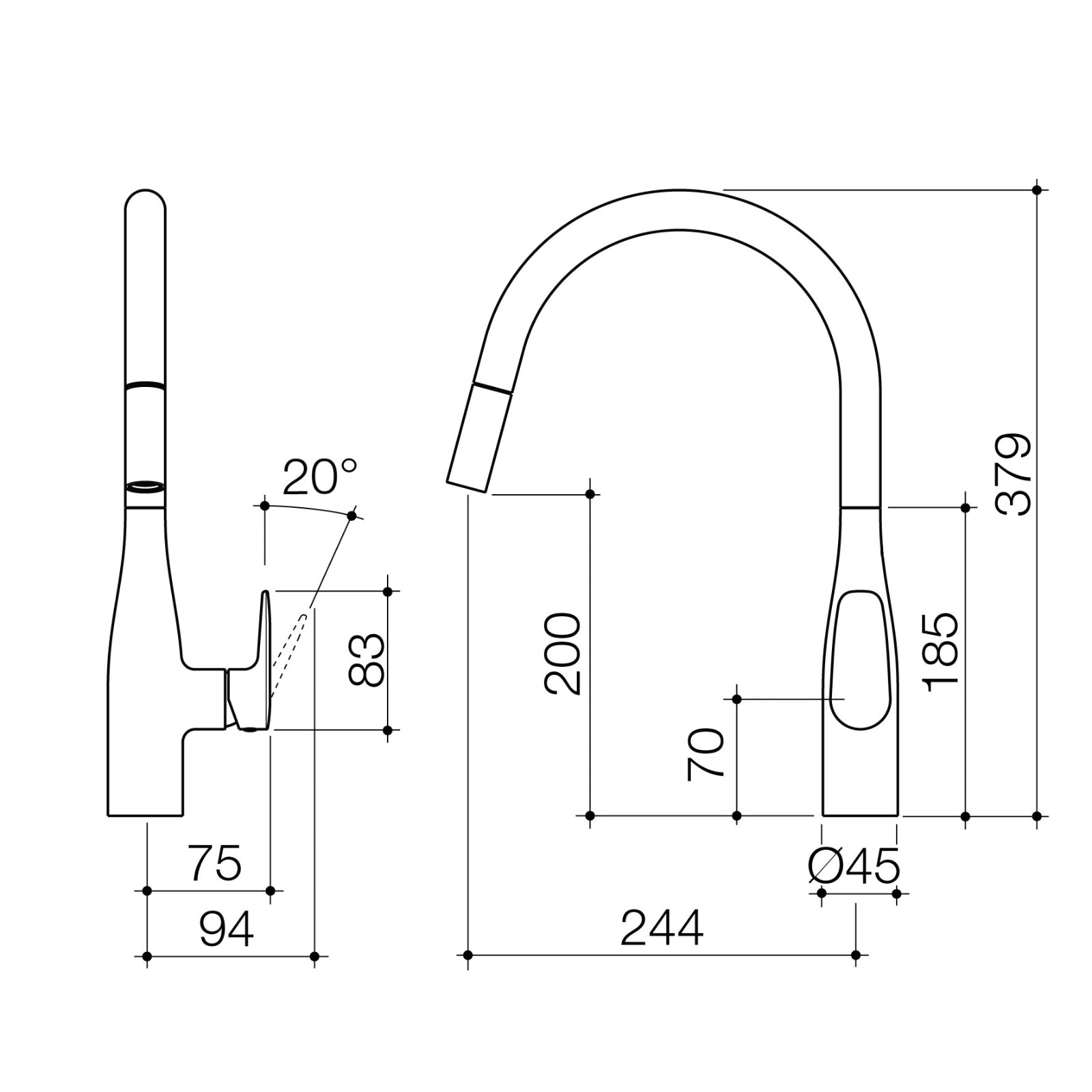 Technical Drawing Caroma Contura II Pull Out Sink Mixer - Chrome 849062C56AF - The Blue Space
