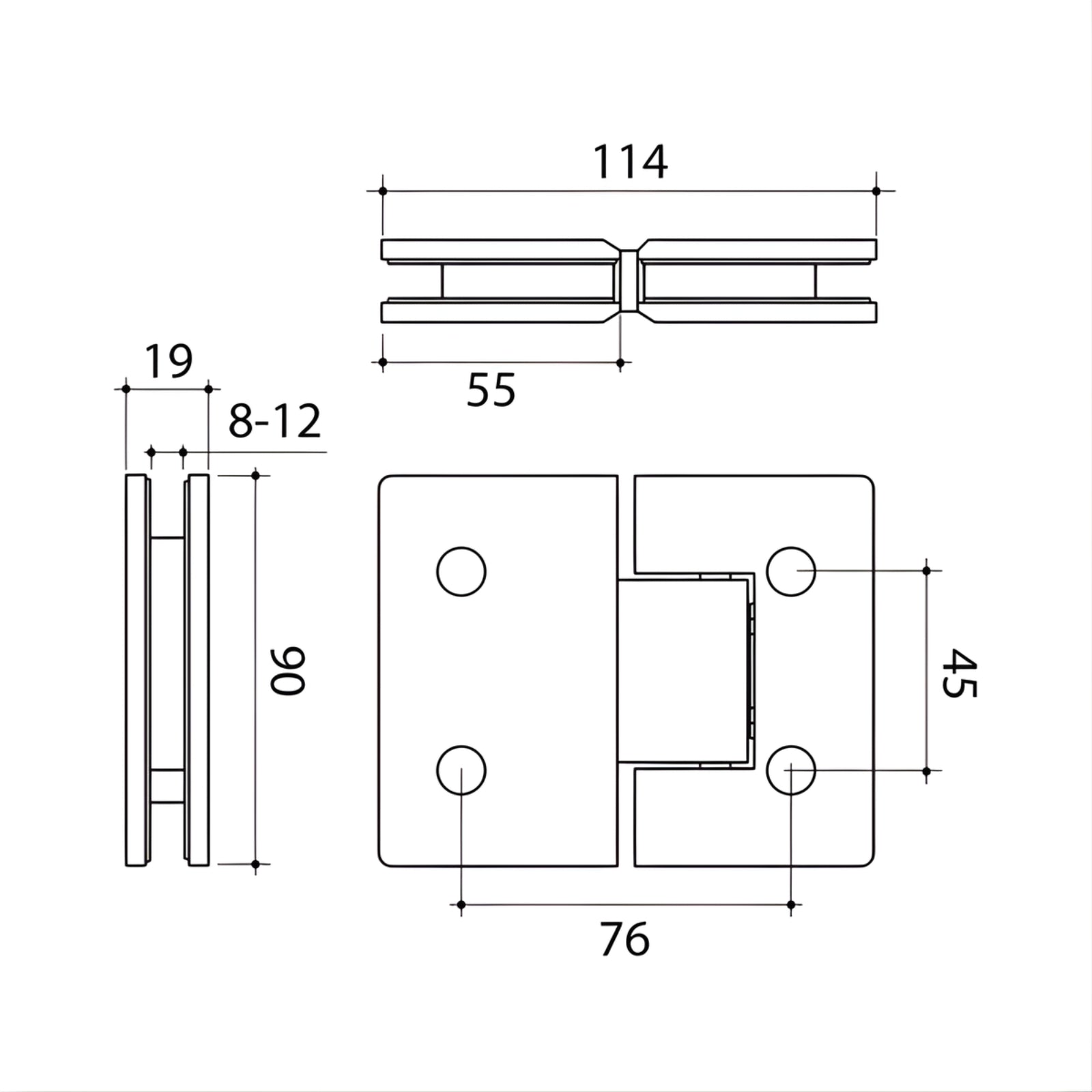 Technical Drawing Caroma Glass to Glass Shower Door Hinge Matte Black 14228016B - The Blue Space