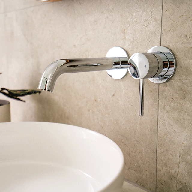 Caroma Liano II Low Lead Wall Basin/Bath Mixer Set Chrome