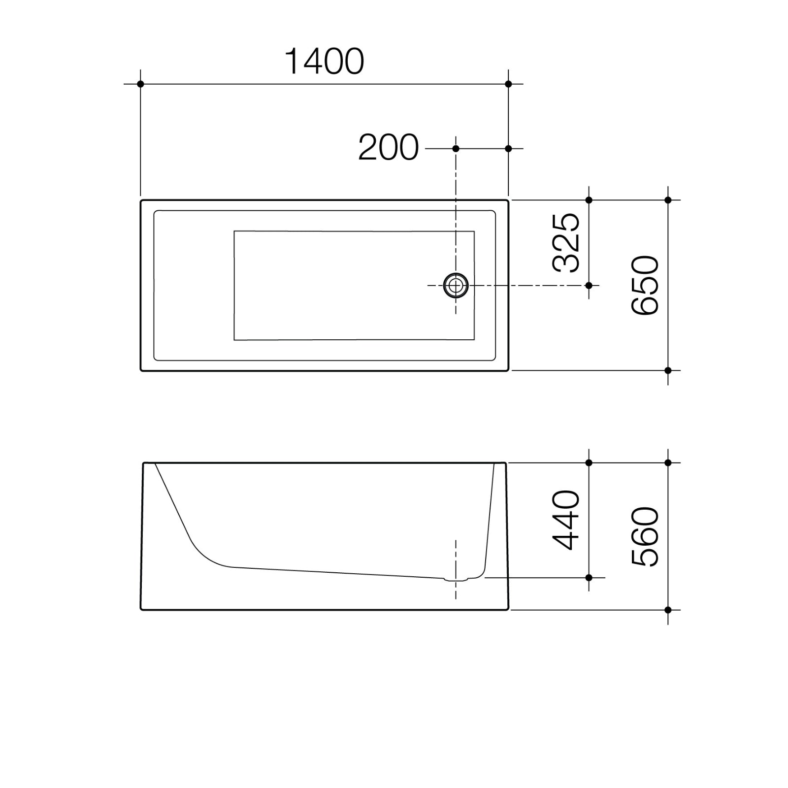 Technical Drawing Caroma Liano Freestanding Bath 1400mm LN4WFW - The Blue Space