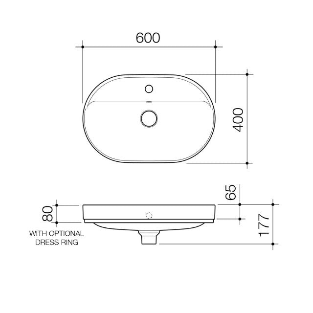 Caroma Liano II 600mm Pill Inset Basin with Tap Landing (1 Tap Hole) - Matte Black (with Overflow)