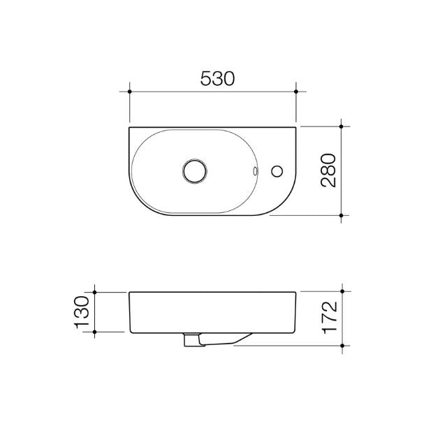 Technical Drawing Caroma Liano II Hand Wall Basin (1 Tap Hole) - White (with Overflow) 853015W - The Blue Space