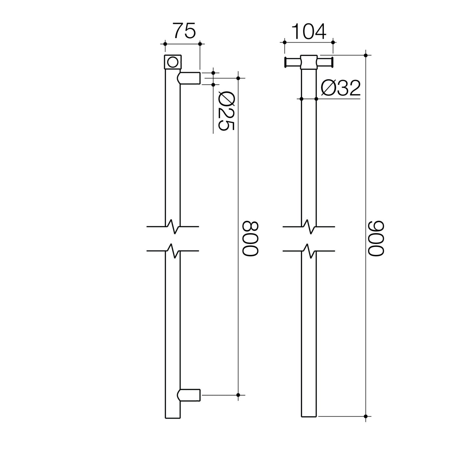 Technical Drawing Caroma Liano II Heated Towel Rail - Vertical - Brushed Bronze 11225050BBZ - The Blue Space
