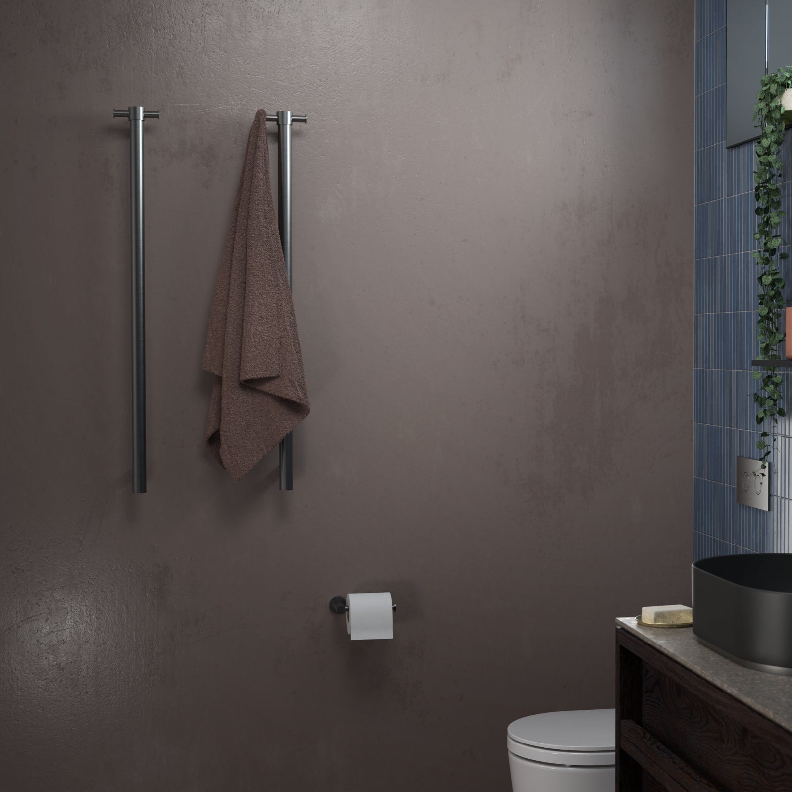 Lifestyle 1 Caroma Liano II Heated Towel Rail - Vertical - Gunmetal 11225050GM - The Blue Space