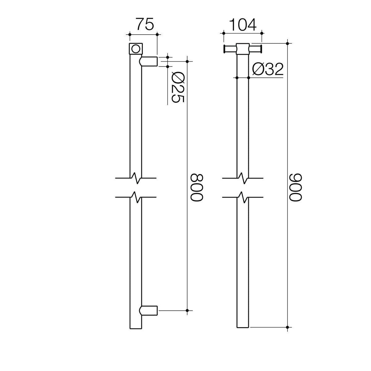 Technical Drawing Caroma Liano II Heated Towel Rail - Vertical - Polished Stainless Steel 11225050PSS - The Blue Space