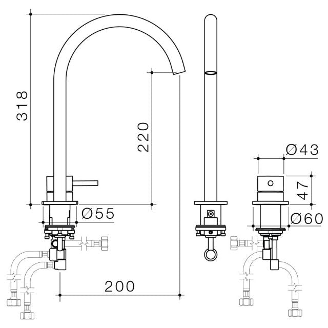 Caroma Liano II Hob Basin/Sink Mixer Set 200mm - Brushed Bronze