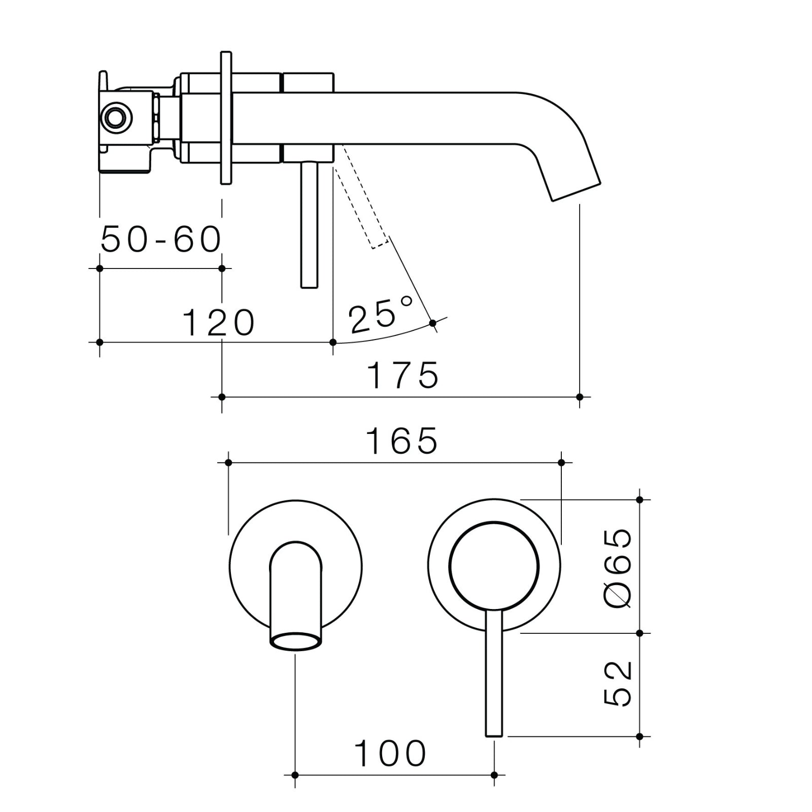 Technical Drawing Caroma Liano II Lead Free Wall Basin/Bath Mixer Set 175mm Brushed Brass 96344BB6AF - The Blue Space