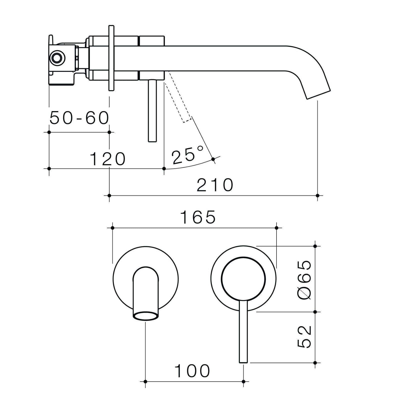 Technical Drawing Caroma Liano II Lead Free Wall Basin/Bath Mixer Set 175mm Brushed Brass 96344BB6AF - The Blue Space
