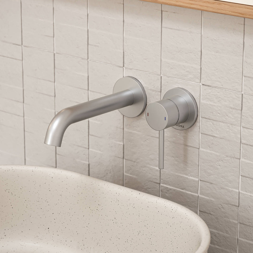 Caroma Liano II Lead Free Wall Basin/Bath Mixer Set Brushed Nickel