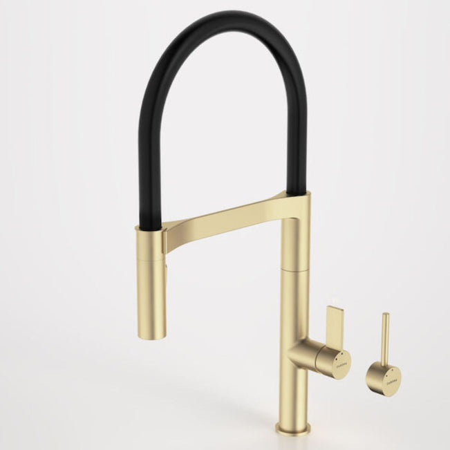 Paddle Handle Caroma Liano II Pull Down Sink Mixer with Dual Spray - Brushed Brass 96381BB56AF - The Blue Space