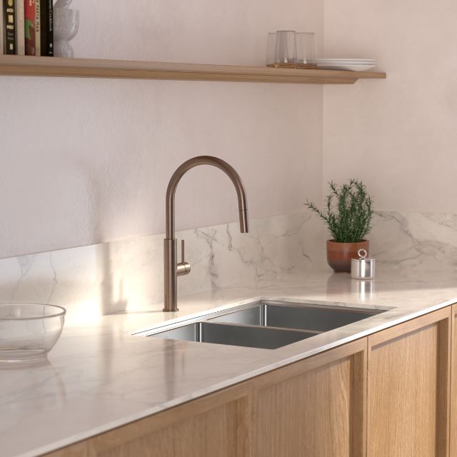 Lifestyle 1 Caroma Liano II Pull Out Sink Mixer - Brushed Bronze 96380BBZ56AF - The Blue Space