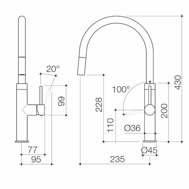 Technical Drawing Caroma Liano II Pull Out Sink Mixer - Brushed Bronze 96380BBZ56AF - The Blue Space