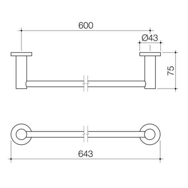 Technical Drawing Caroma Liano II Single Towel Rail 640mm - Brushed Brass 96445BB - The Blue Space