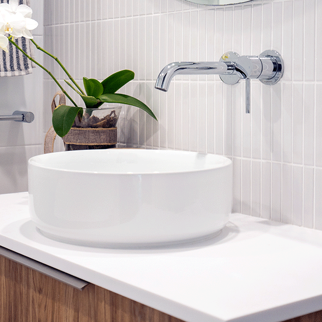Caroma Liano II Low Lead Wall Basin/Bath Mixer Set Chrome