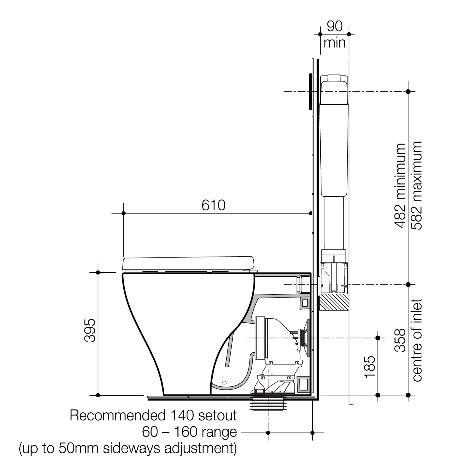 Technical Drawing Caroma Luna Cleanflush Invisi Series II Wall Faced Toilet Suite 844910W - The Blue Space