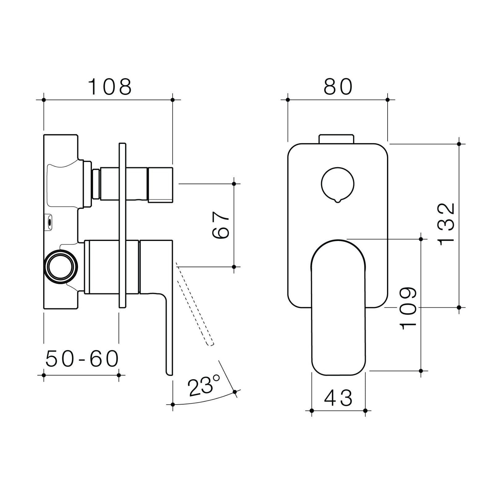 Technical Drawing Caroma Luna II Bath/Shower Mixer with Diverter - Brushed Brass 68202BB - The Blue Space