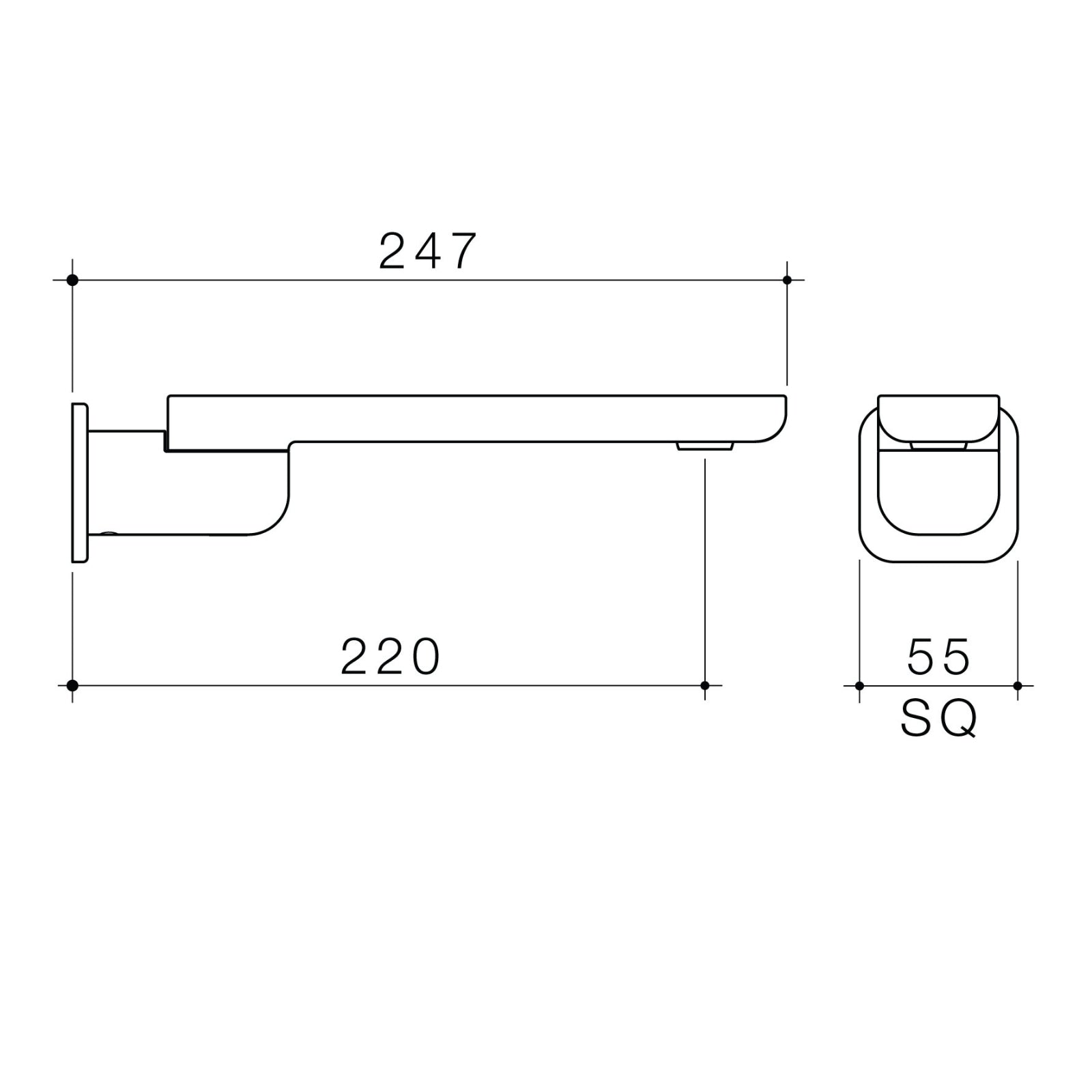 Technical Drawing Caroma Luna II Swivel Bath Outlet 220mm - Brushed Nickel 68207BN - The Blue Space