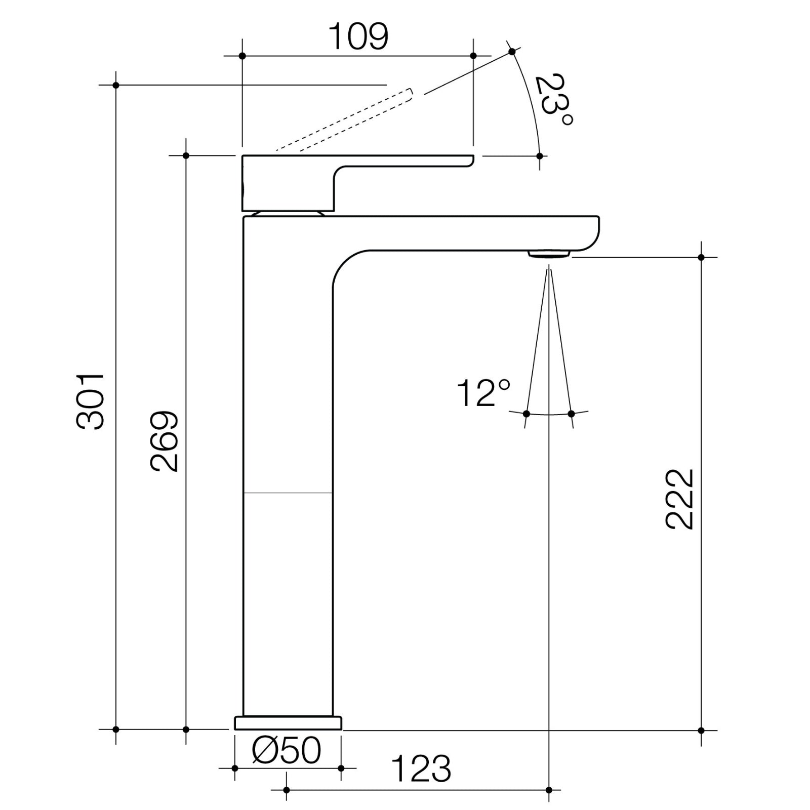 Technical Drawing Caroma Luna II Tower Basin Mixer - Brushed Brass 68200BB6AF - The Blue Space