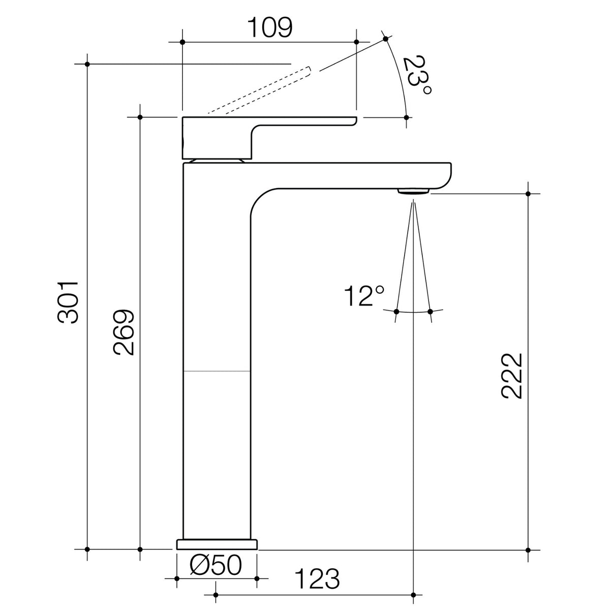 Technical Drawing Caroma Luna II Tower Basin Mixer - Satin Black 68200BL6AF - The Blue Space