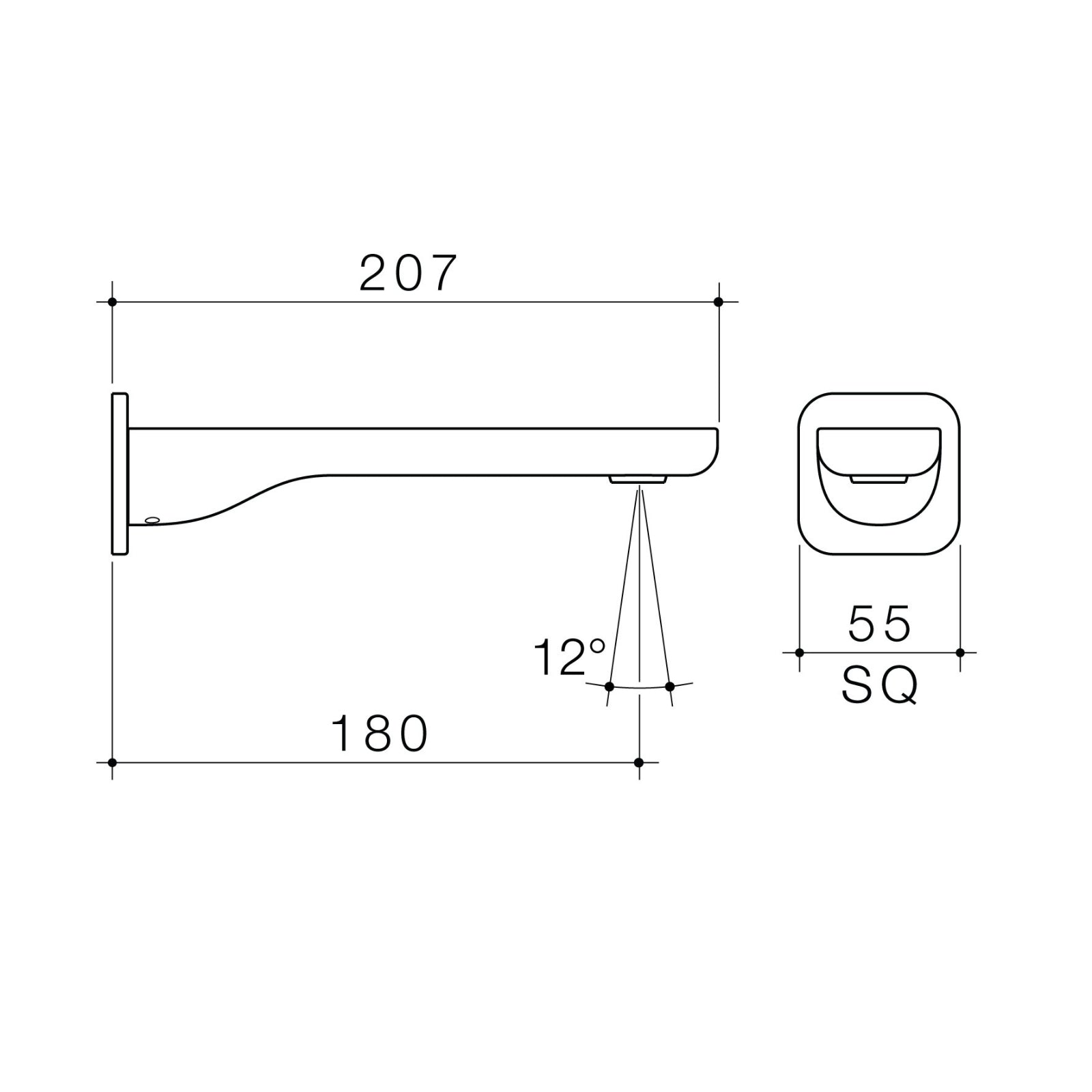 Technical Drawing Caroma Luna II Wall Basin/Bath Outlet 180mm - Brushed Brass 68205BB6AF - The Blue Space