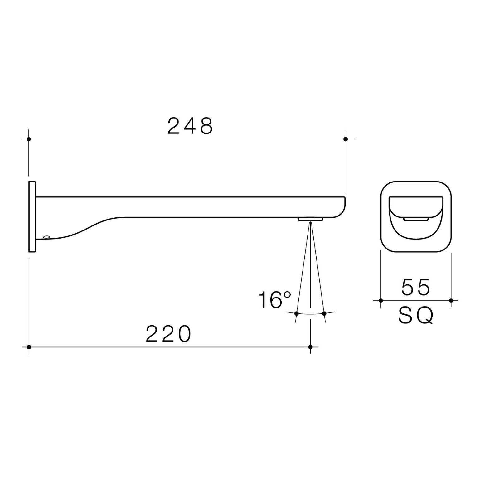 Technical Drawing Caroma Luna II Wall Basin/Bath Outlet 220mm - Brushed Brass 68206BB6AF - The Blue Space