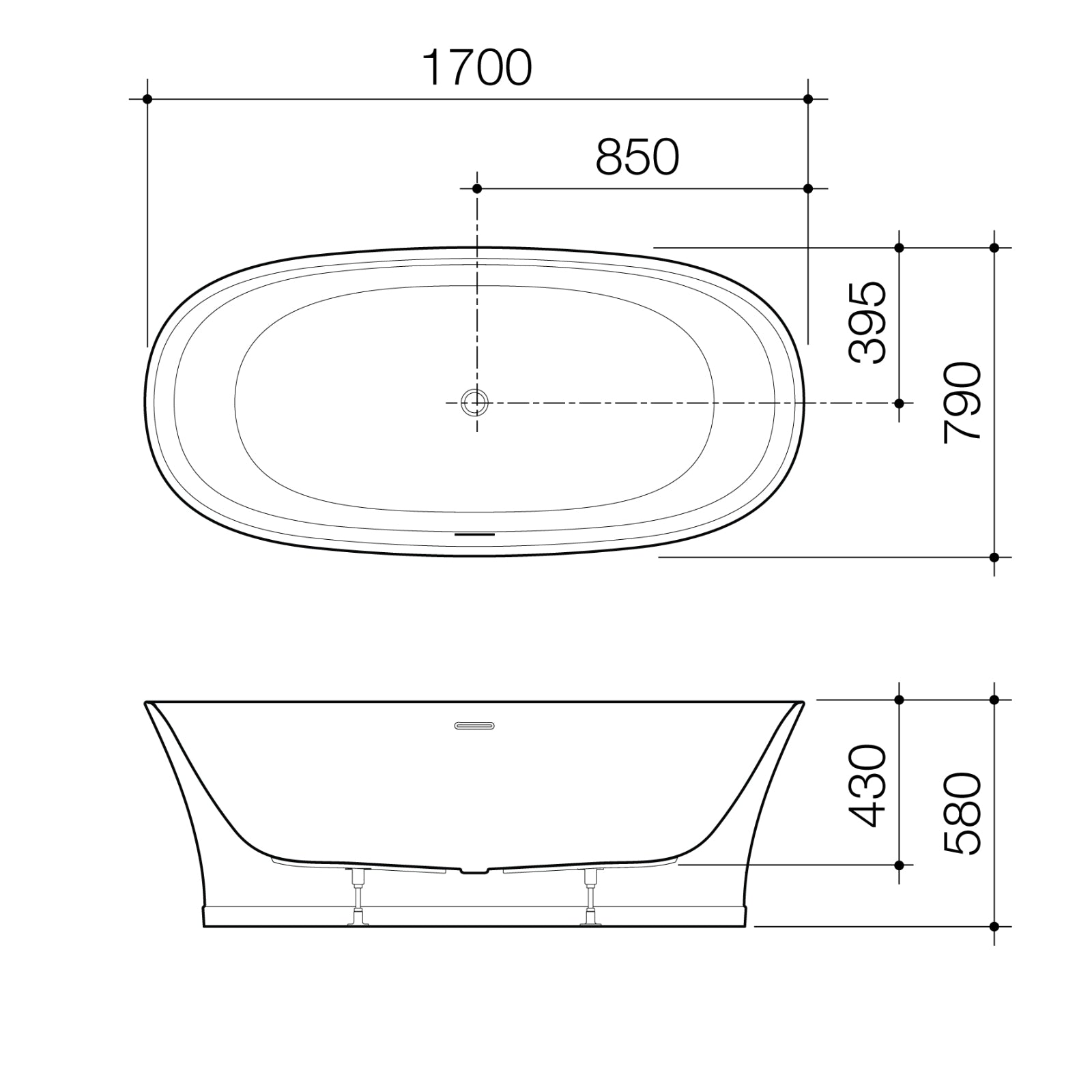 Technical Drawing Caroma Riviere 1700mm Freestanding Bath With Overflow - Matte White EN7FSMWOF - The Blue Space