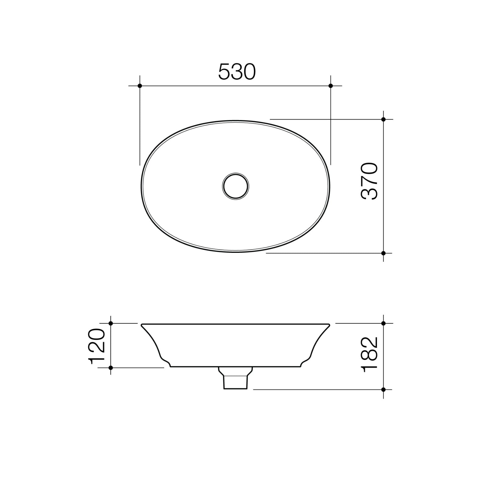 Technical Drawing Caroma Riviere Above Counter Basin No Tap Hole - White 4700300W - The Blue Space