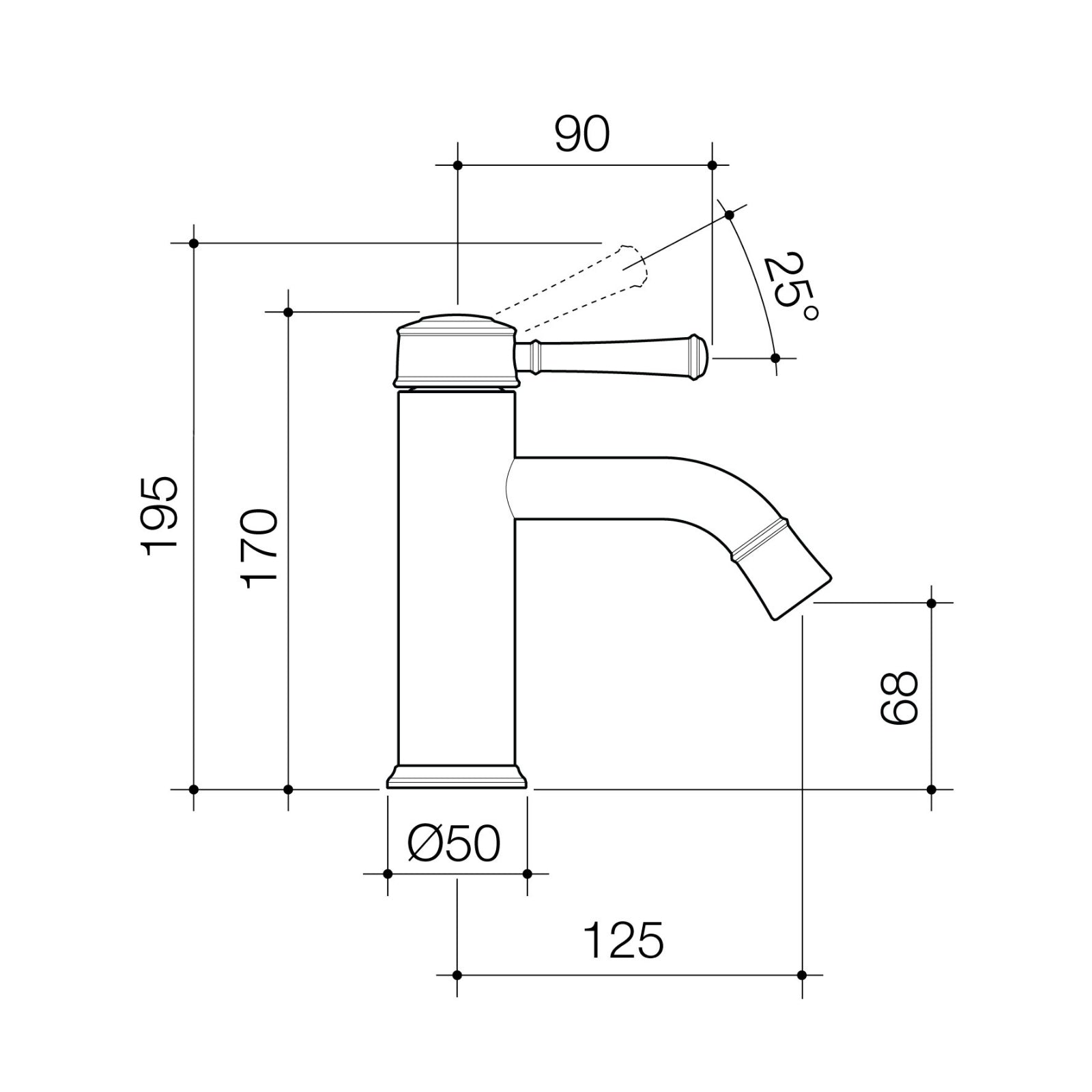 Technical Drawing Caroma Riviere Basin Mixer - Brushed Brass 520001BB6AF - The Blue Space