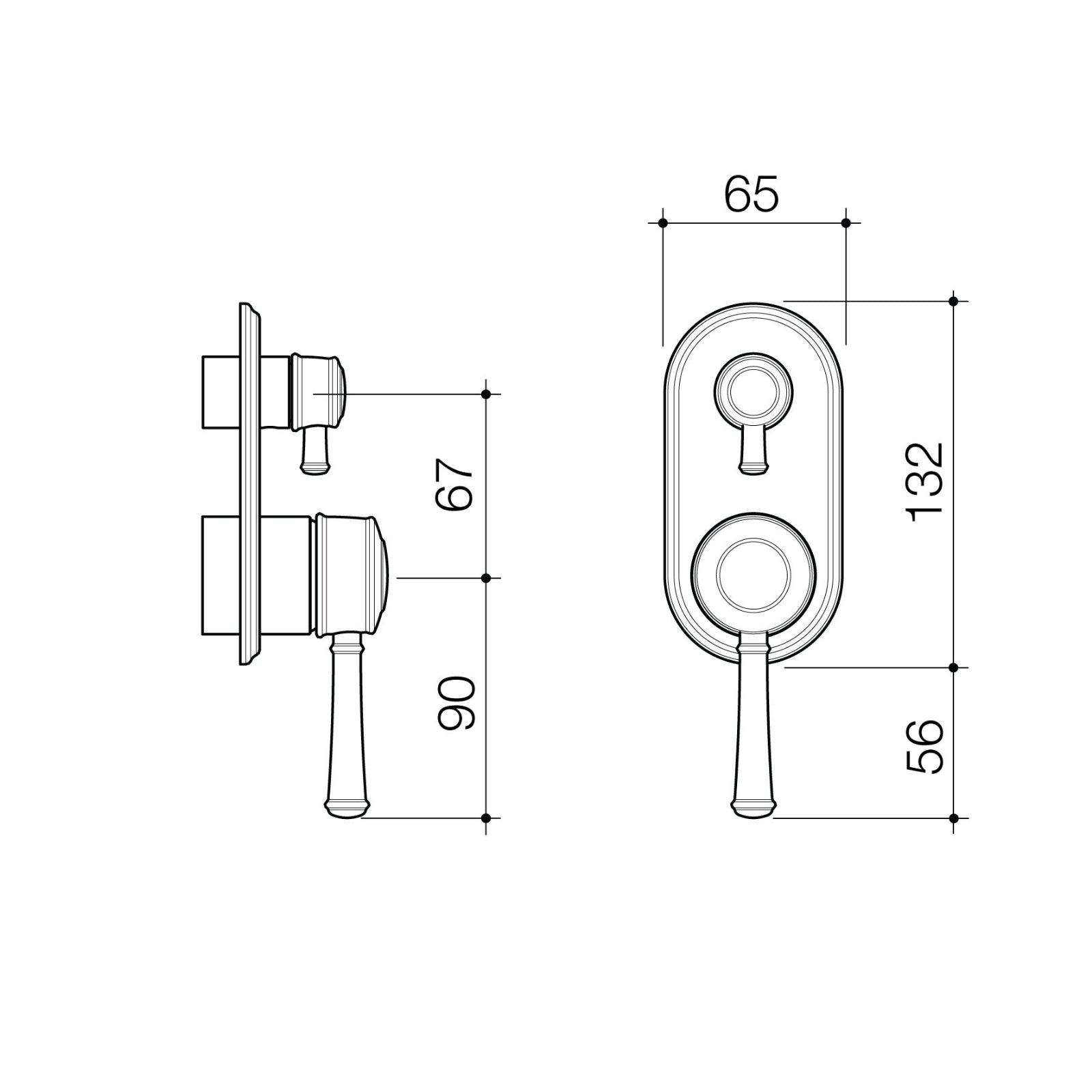 Technical Drawing Caroma Riviere Bath Shower Mixer With Diverter Trim Kit - Brushed Nickel 520008BN - The Blue Space