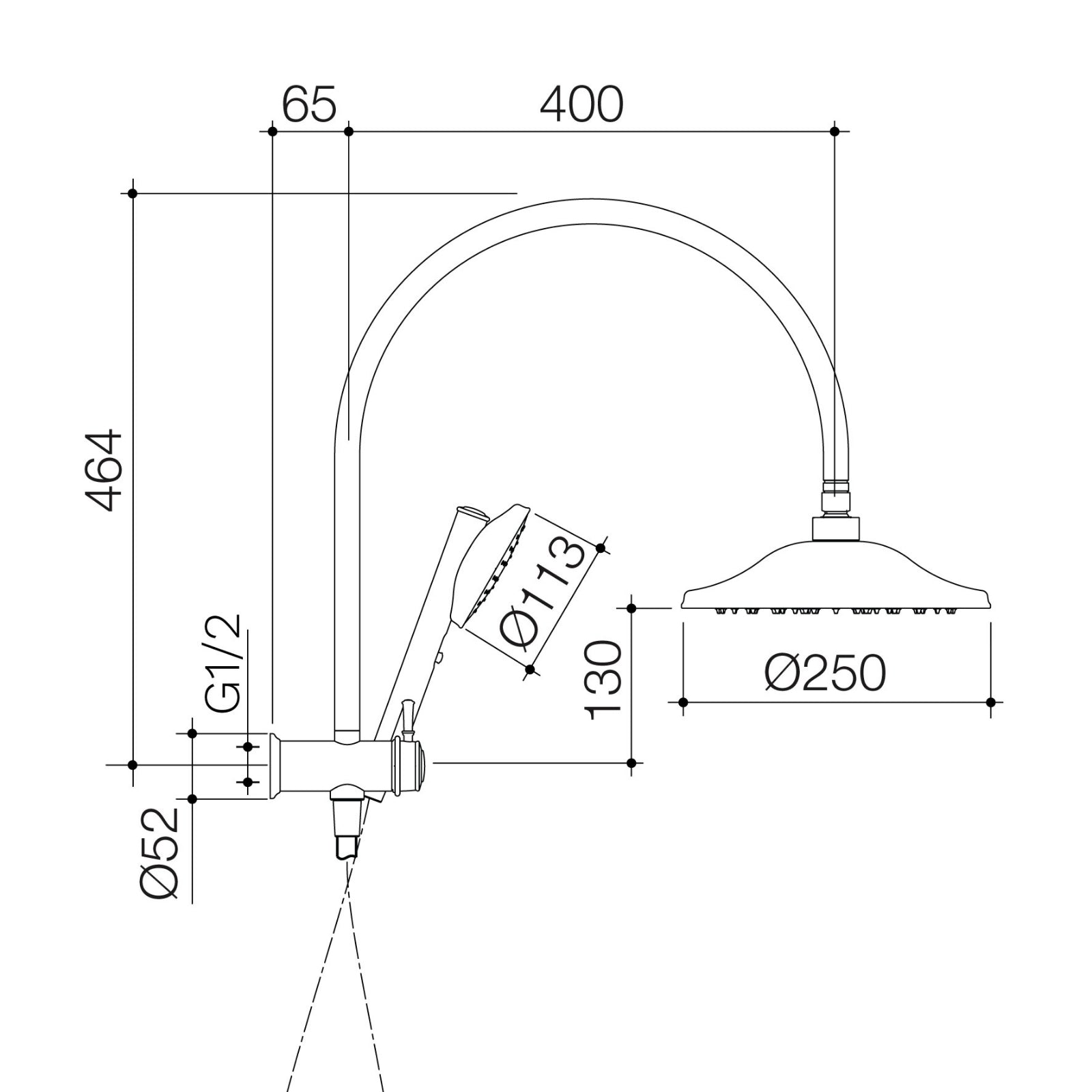 Technical Drawing Caroma Riviere Compact Twin Shower - Brushed Nickel 520041BN4A - The Blue Space