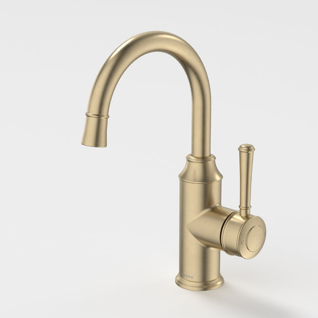 Caroma Riviere Gooseneck Basin Mixer - Brushed Brass 520004BB6AF - The Blue Space