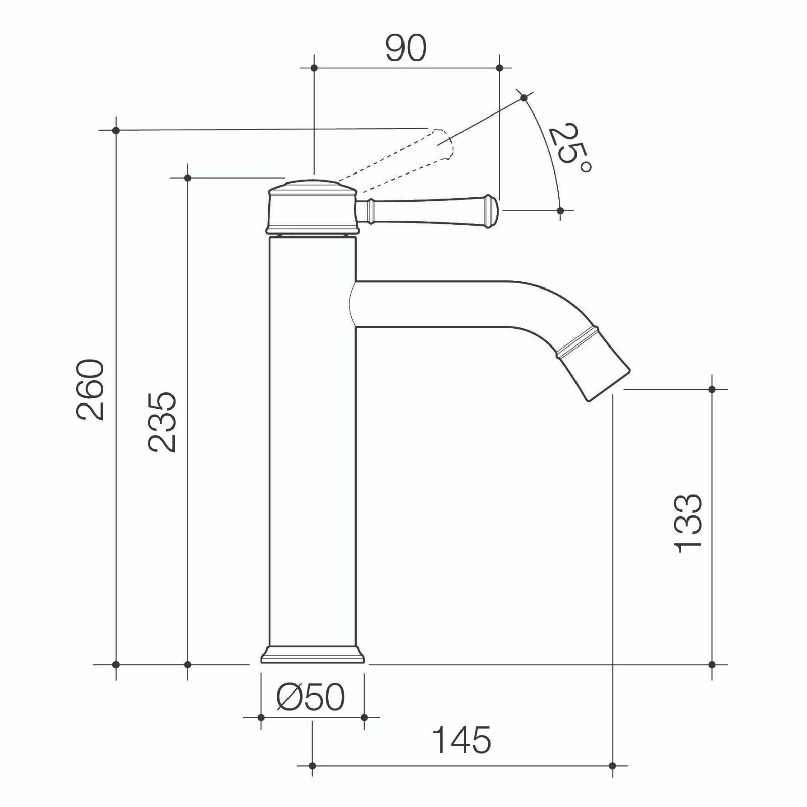 Technical Drawing Caroma Riviere Mid Tower Basin Mixer - Chrome 520002C6AF - The Blue Space