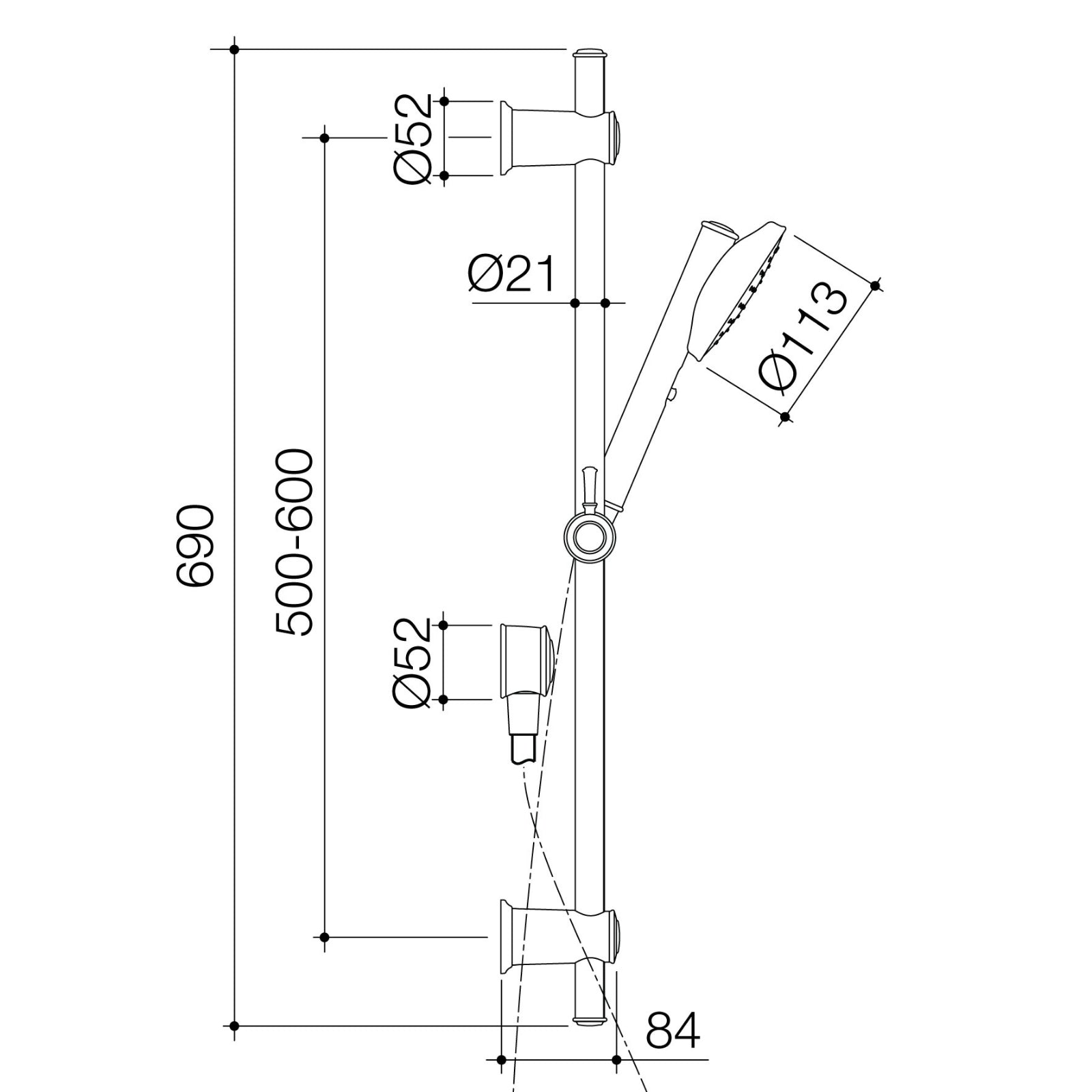 Technical Drawing Caroma Riviere Rail Shower - Brushed Nickel 520042BN4A - The Blue Space
