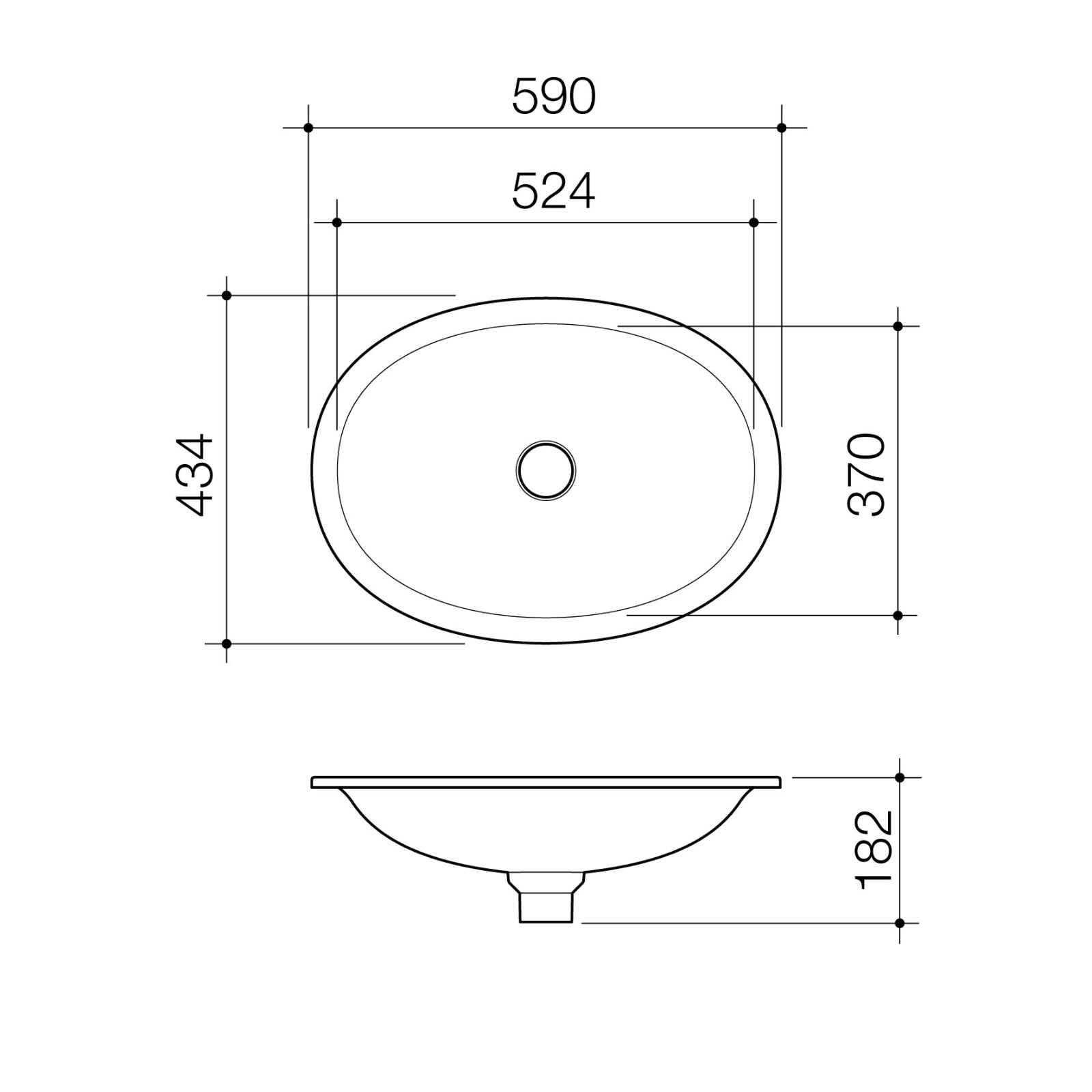 Technical Drawing Caroma Riviere Under Counter Basin No Tap Hole - Matte White 4700400MW - The Blue Space