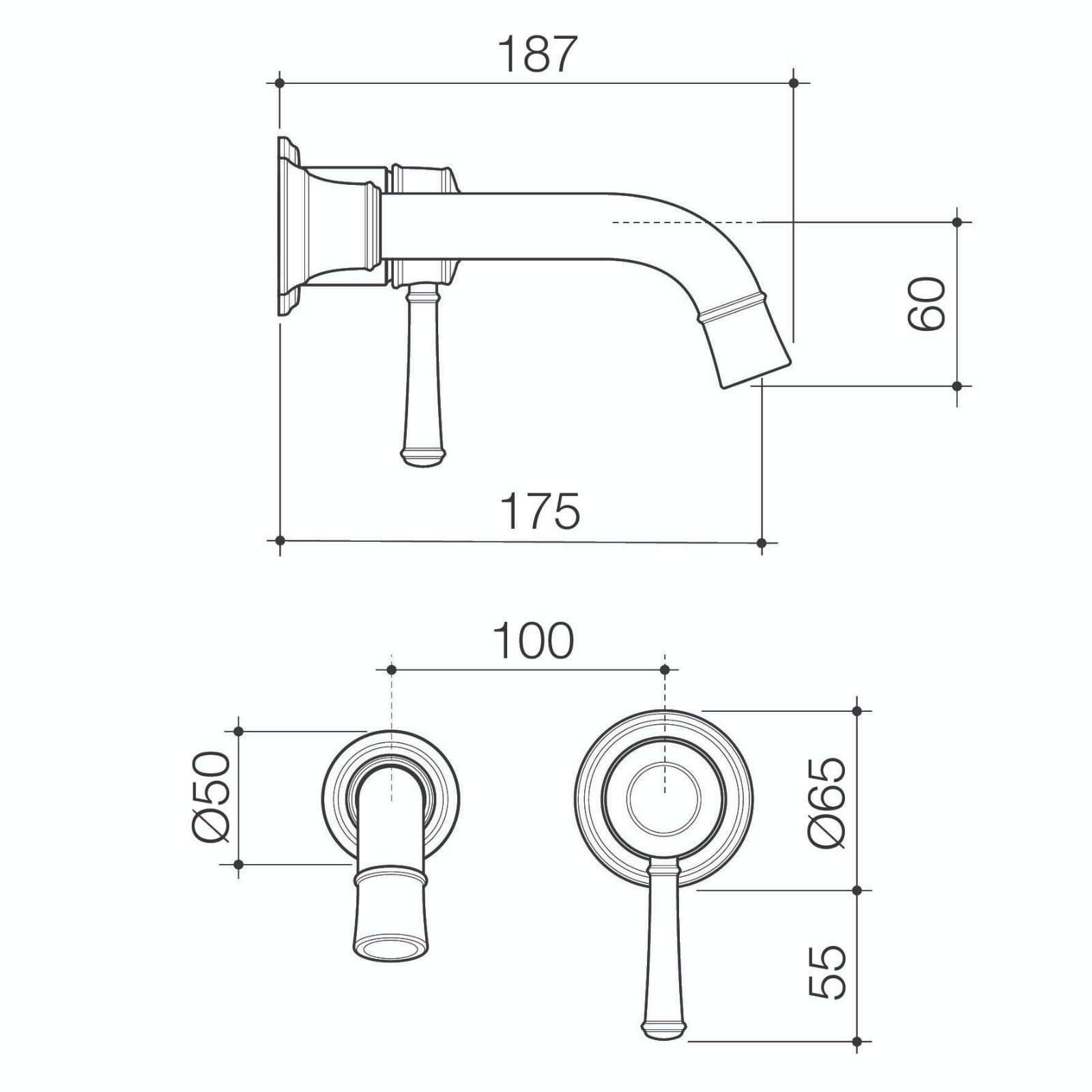 Technical Drawing Caroma Riviere Wall Basin Bath Mixer 175mm Trim Kit - Brushed Nickel 520011BN6AF - The Blue Space