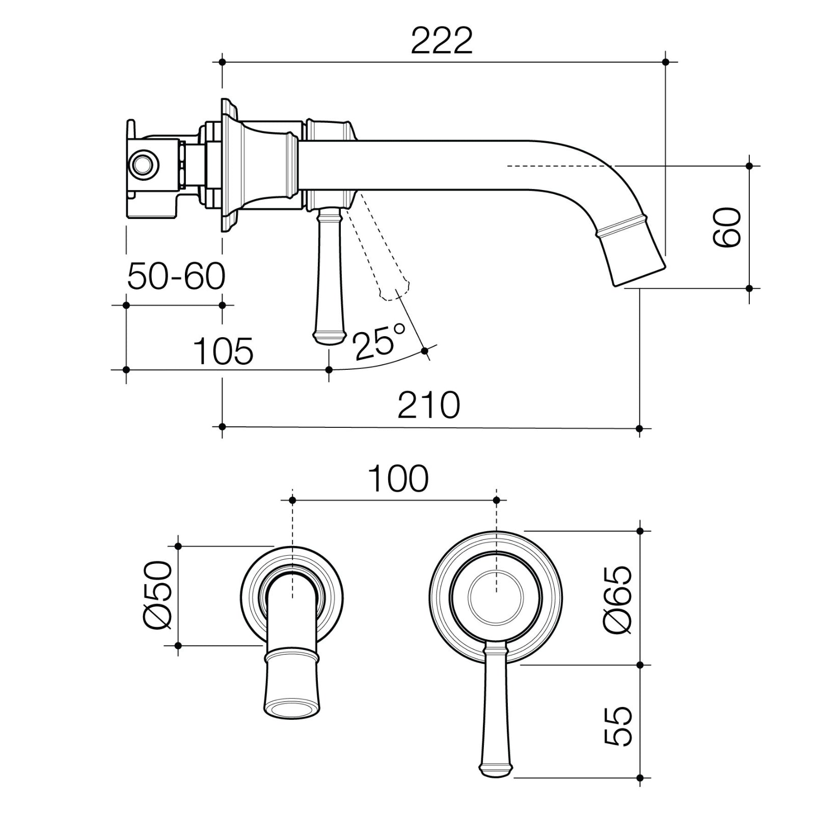 Technical Drawing Caroma Riviere Wall Basin Bath Mixer 210mm - Brushed Brass 520010BB6AF - The Blue Space