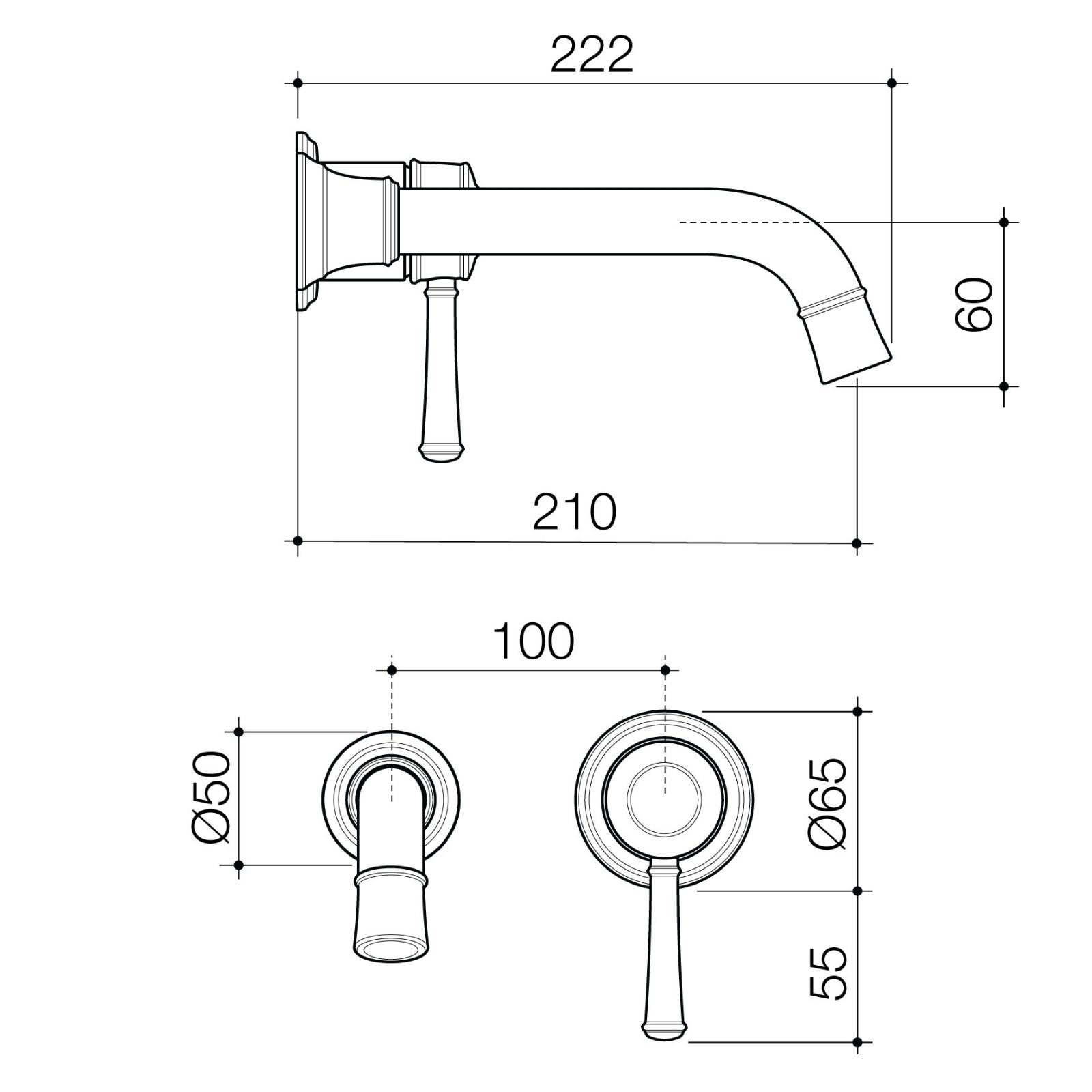 Technical Drawing Caroma Riviere Wall Basin Bath Mixer 210mm Trim Kit - Brushed Nickel 520012BN6AF - The Blue Space