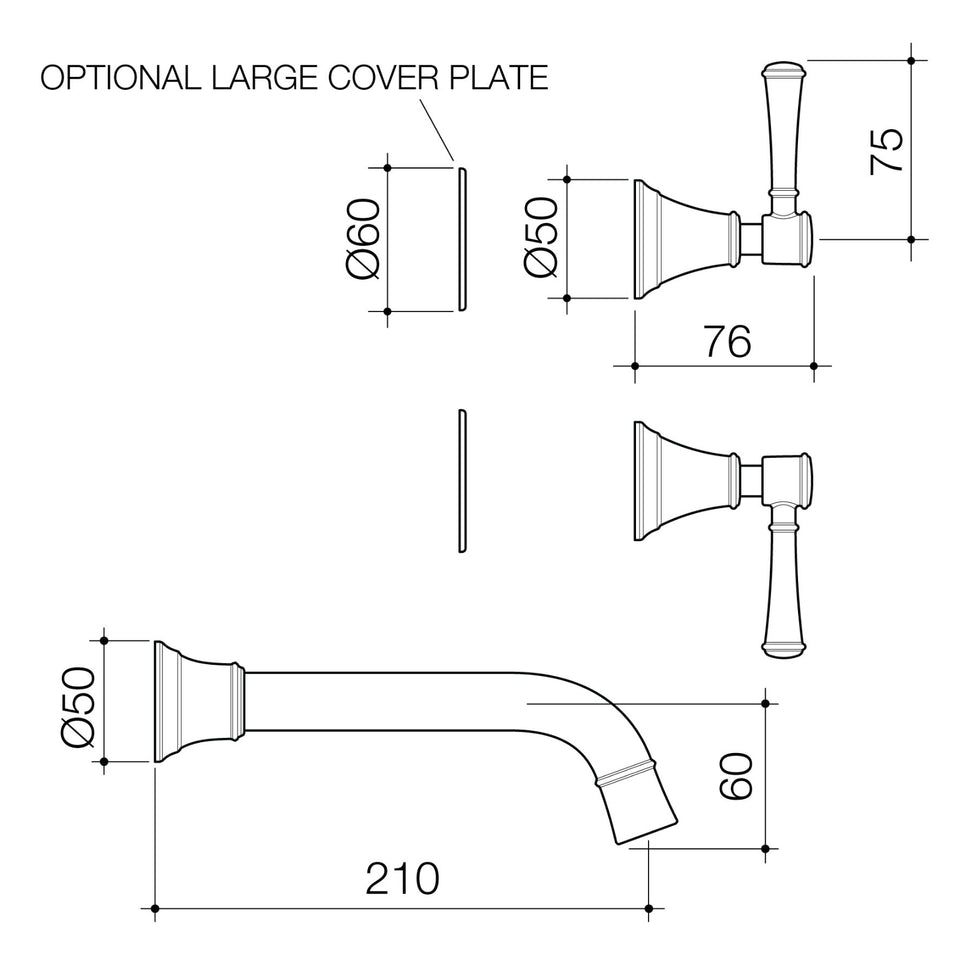 Caroma Riviere Wall Basin/Bath Set 210mm - Brushed Brass