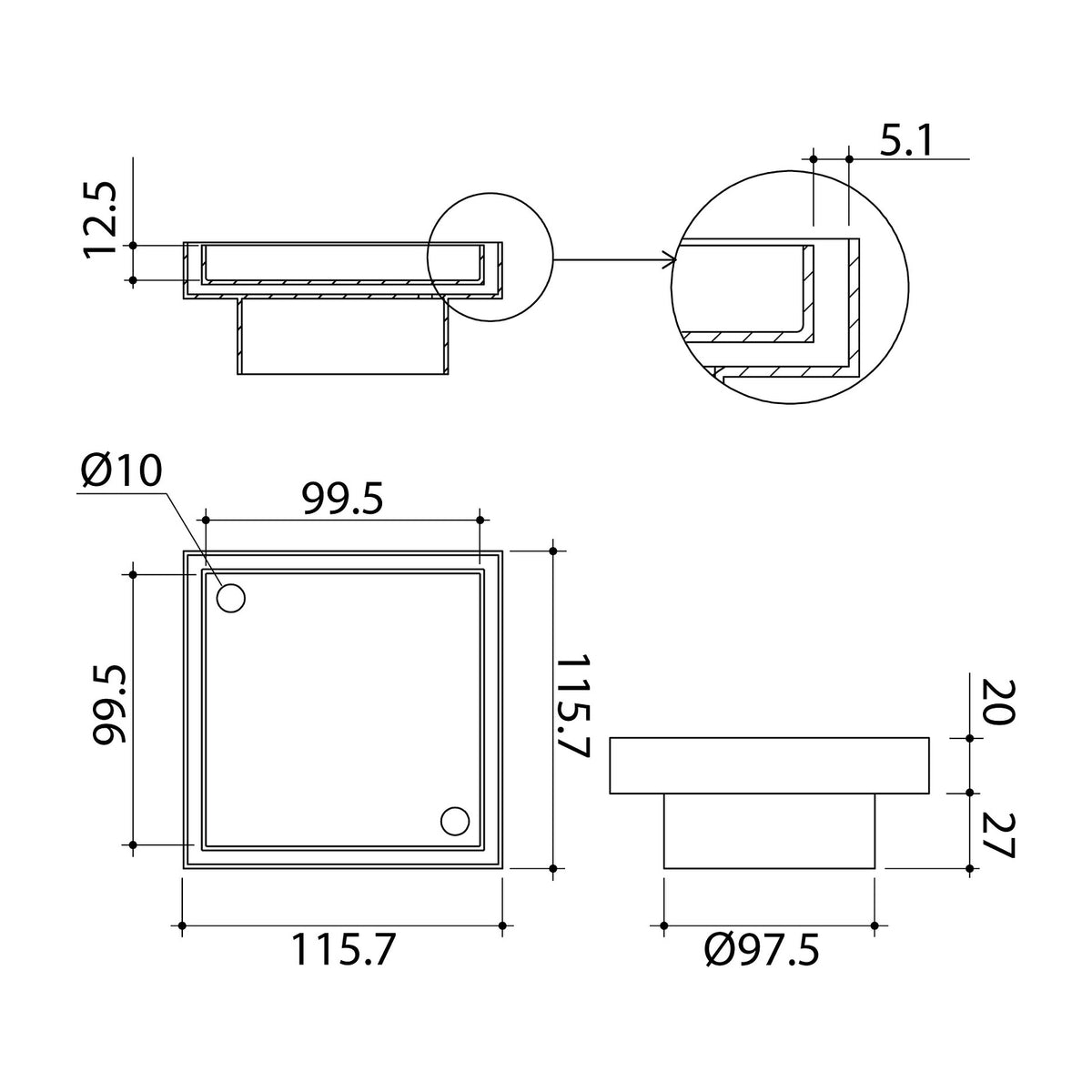 Technical Drawing Caroma Square Floor Waste 100mm Outlet Tile Insert - Brushed Brass 14228029BB - The Blue Space