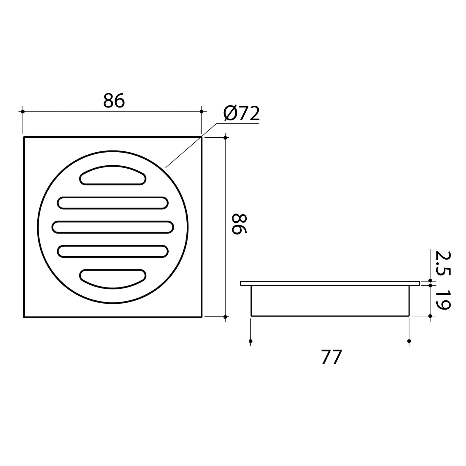 Technical Drawing Caroma Square Floor Waste - 80mm Outlet - Brushed Brass 12975034BB - The Blue Space