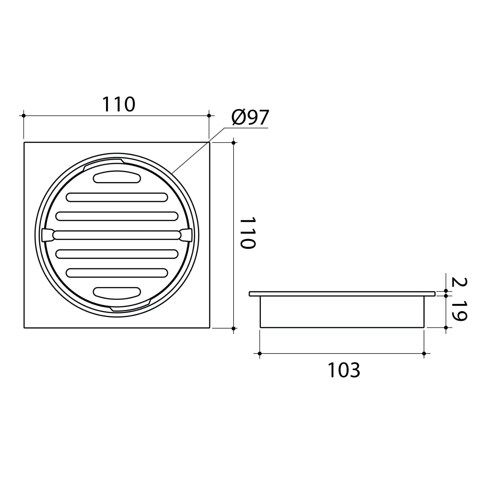 Technical Drawing Caroma Square Floor Waste Grate - 100mm Outlet - Brushed Nickel 12975037BN - The Blue Space