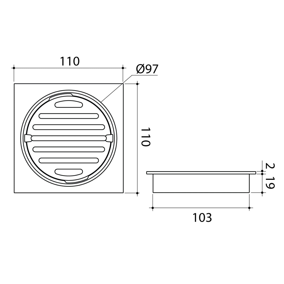 Technical Drawing Caroma Square Floor Waste Grate - 100mm Outlet - Gunmetal 12975037GM - The Blue Space