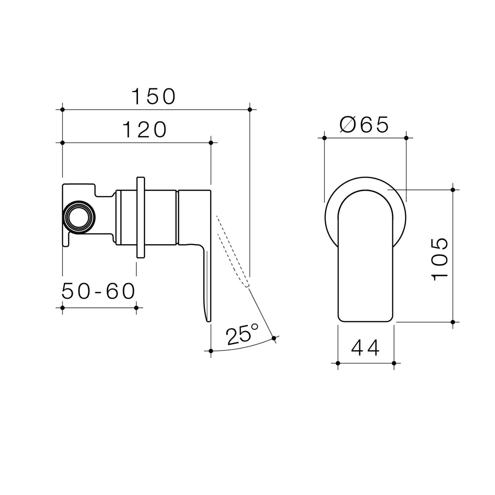Technical Drawing Caroma Urbane II Bath/Shower Mixer Round Brushed Brass 99648BB - The Blue Space