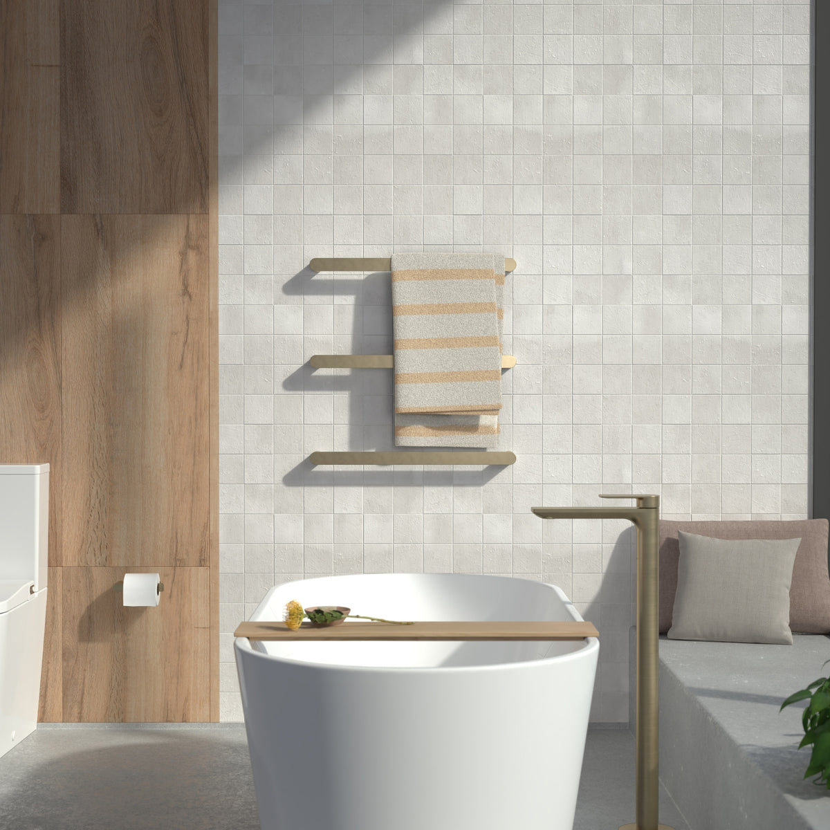 Lifestyle 4 Caroma Urbane II Heated Towel Rail - Horizontal - Brushed Brass 11202084BB - The Blue Space