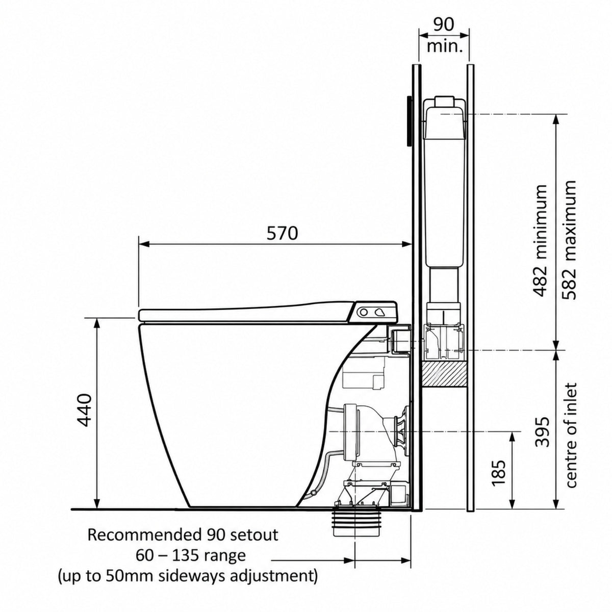 Line Drawing Caroma Urbane II Invisi Series II Wall Faced Bidet Suite 848610W - The Blue Space